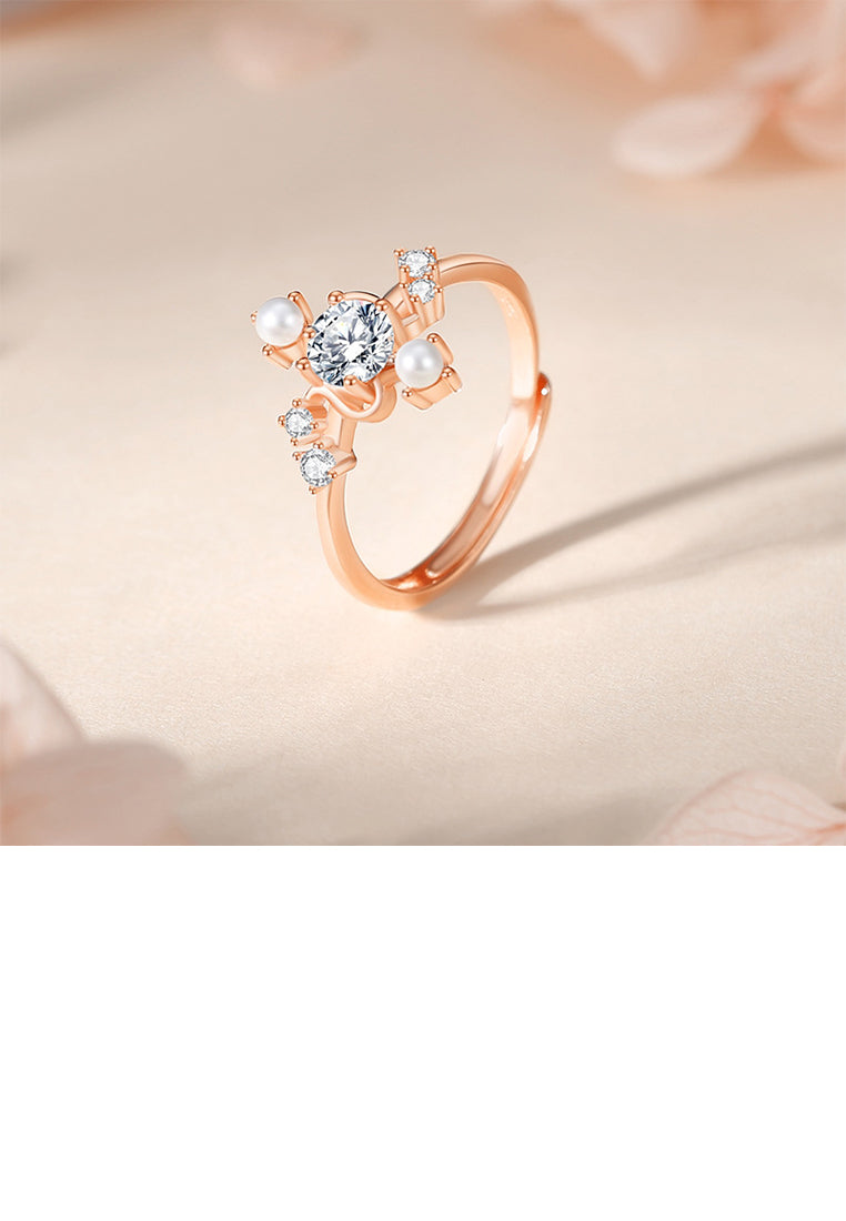 925 Sterling Silver Plated Rose Gold Fashion Simple Geometric Imitation Pearl Adjustable Ring with Cubic Zirconia - Luxurious Look