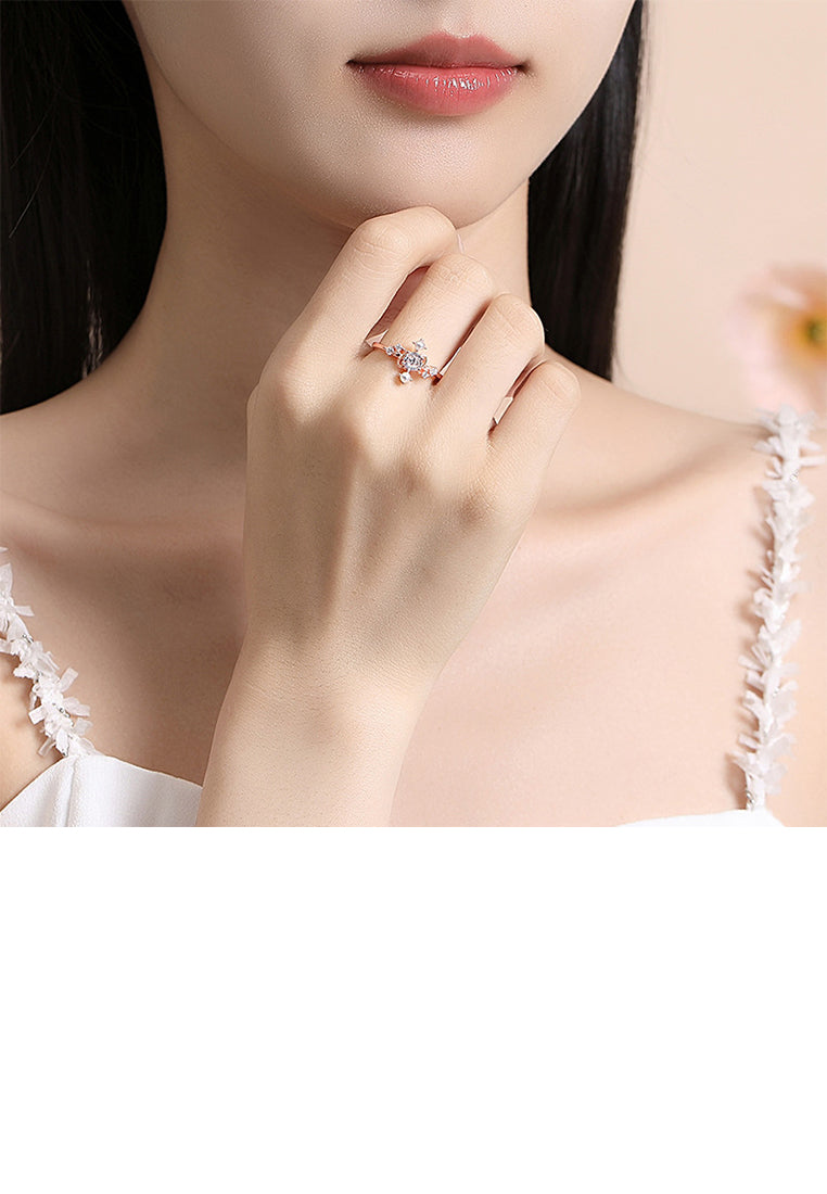 925 Sterling Silver Plated Rose Gold Fashion Simple Geometric Imitation Pearl Adjustable Ring with Cubic Zirconia - Luxurious Look