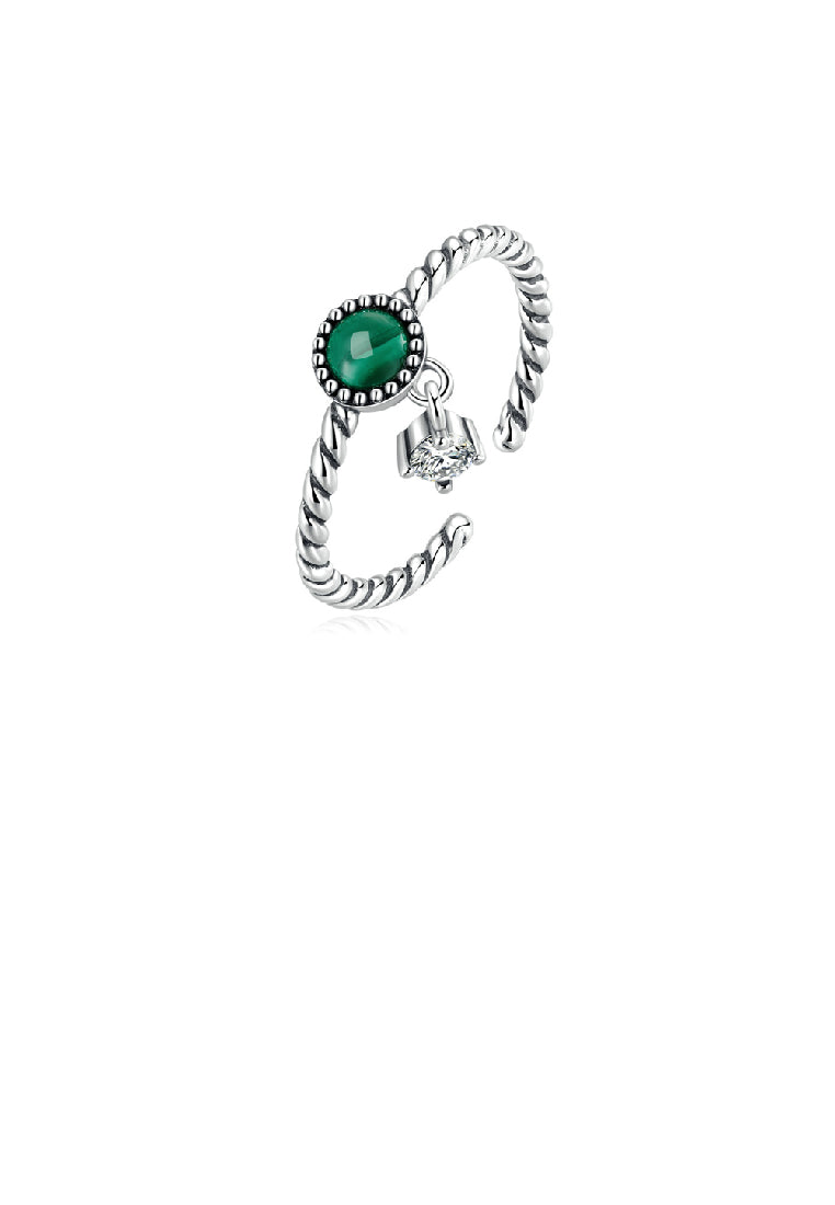 925 Sterling Silver Fashion Temperament Round Imitation Malachite Twist Geometric Adjustable Open Ring with Cubic Zirconia - Luxurious Look