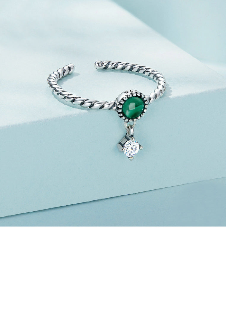 925 Sterling Silver Fashion Temperament Round Imitation Malachite Twist Geometric Adjustable Open Ring with Cubic Zirconia - Luxurious Look