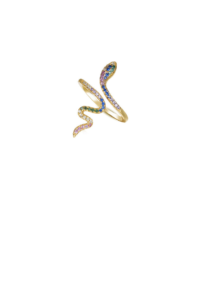 925 Sterling Silver Plated Gold Fashion Personality Snake Geometric Adjustable Open Ring with Colored Cubic Zirconia - Luxurious Look
