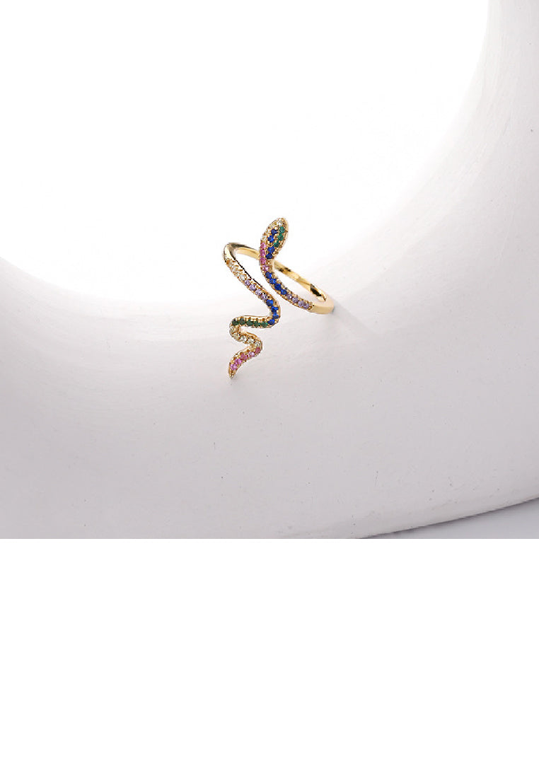 925 Sterling Silver Plated Gold Fashion Personality Snake Geometric Adjustable Open Ring with Colored Cubic Zirconia - Luxurious Look