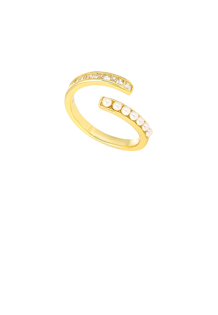 925 Sterling Silver Plated Gold Simple Temperament Geometric Imitation Pearl Adjustable Open Ring with Cubic Zirconia - Luxurious Look