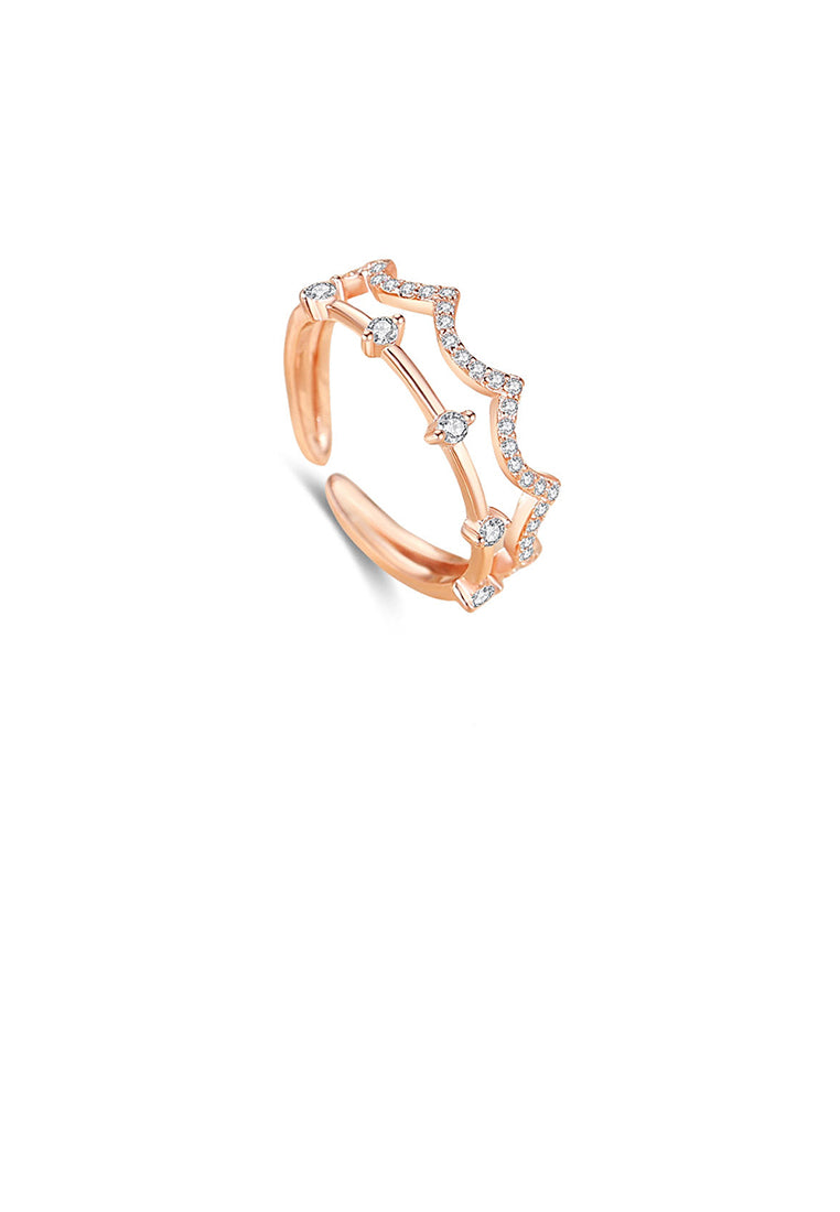 925 Sterling Silver Plated Rose Gold Simple and Fashion Crown Double Layer Adjustable Open Ring with Cubic Zirconia - Luxurious Look