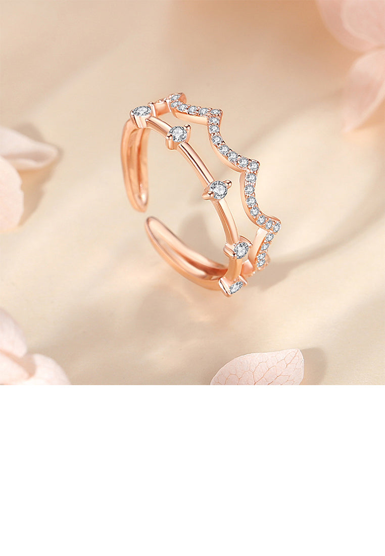 925 Sterling Silver Plated Rose Gold Simple and Fashion Crown Double Layer Adjustable Open Ring with Cubic Zirconia - Luxurious Look