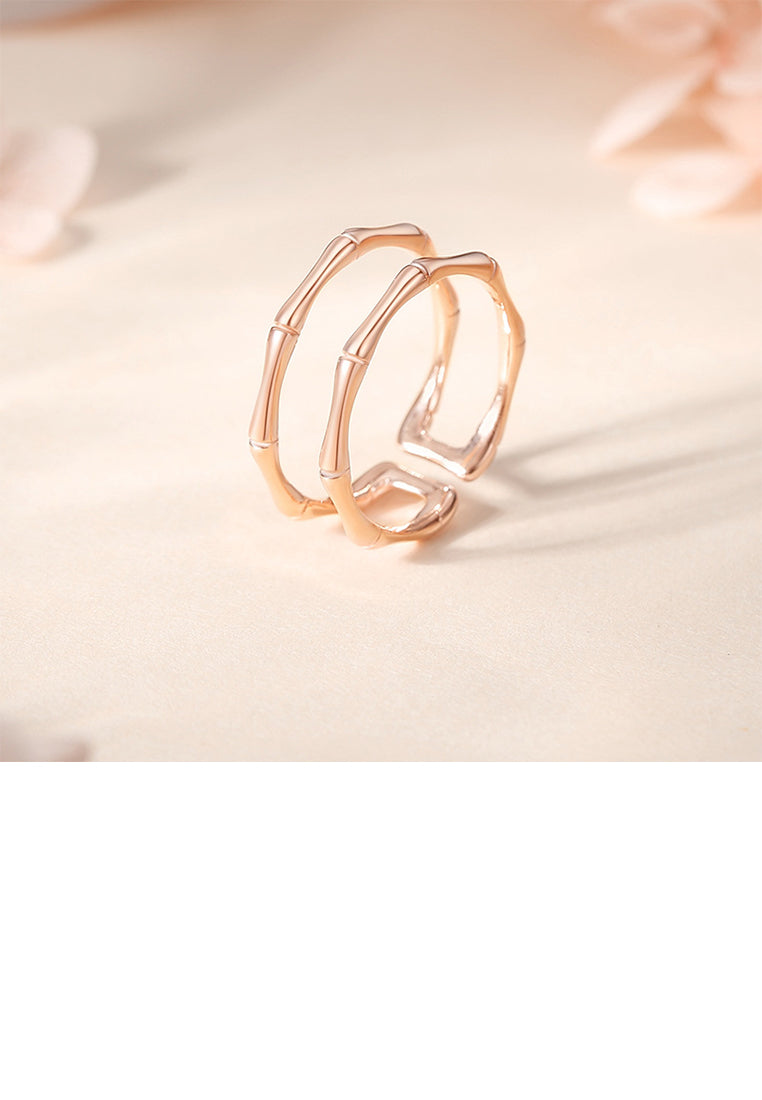 925 Sterling Silver Plated Rose Gold Simple and Personalized Bamboo Geometric Double-layer Adjustable Open Ring