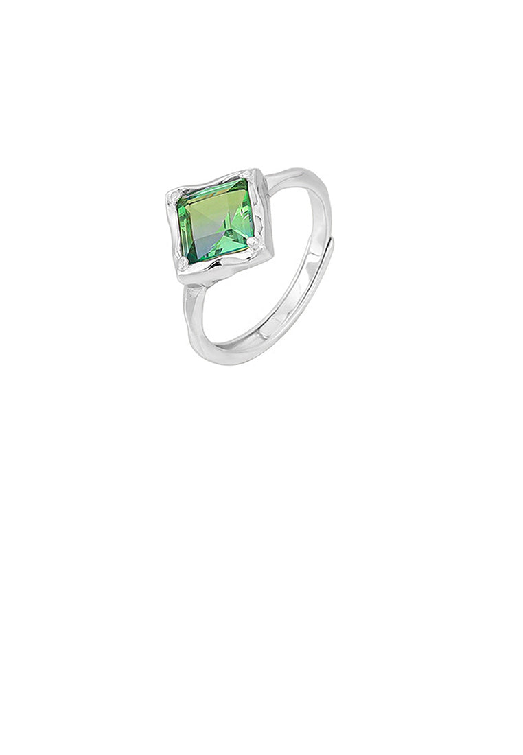 925 Sterling Silver Simple Fashion Geometric Diamond Adjustable Ring with Green Cubic Zirconia - Luxurious Look