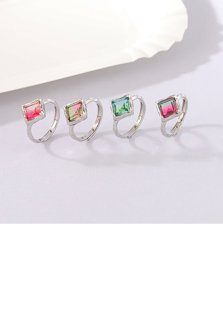 925 Sterling Silver Simple Fashion Geometric Diamond Adjustable Ring with Green Cubic Zirconia - Luxurious Look