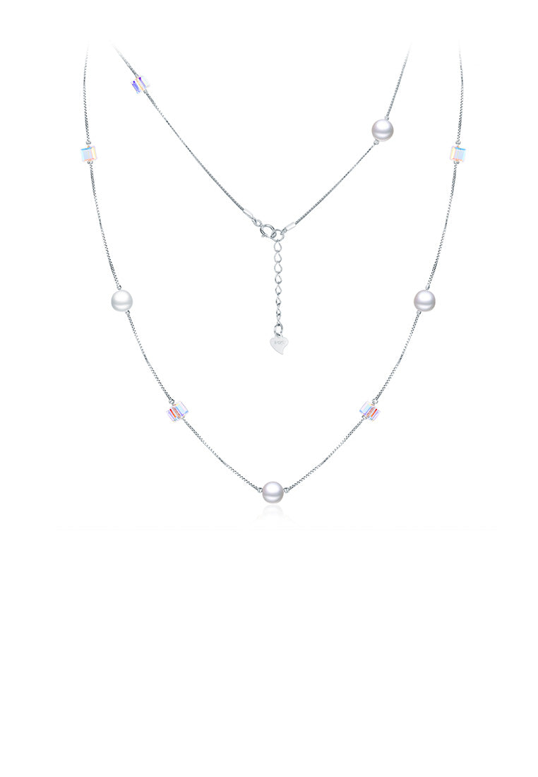 925 Sterling Silver Fashion Simple Pearl Geometric Square Austrian Element Crystal Long Necklace - Luxurious Look