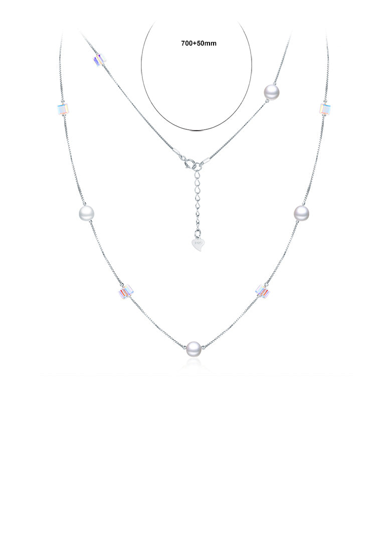 925 Sterling Silver Fashion Simple Pearl Geometric Square Austrian Element Crystal Long Necklace - Luxurious Look