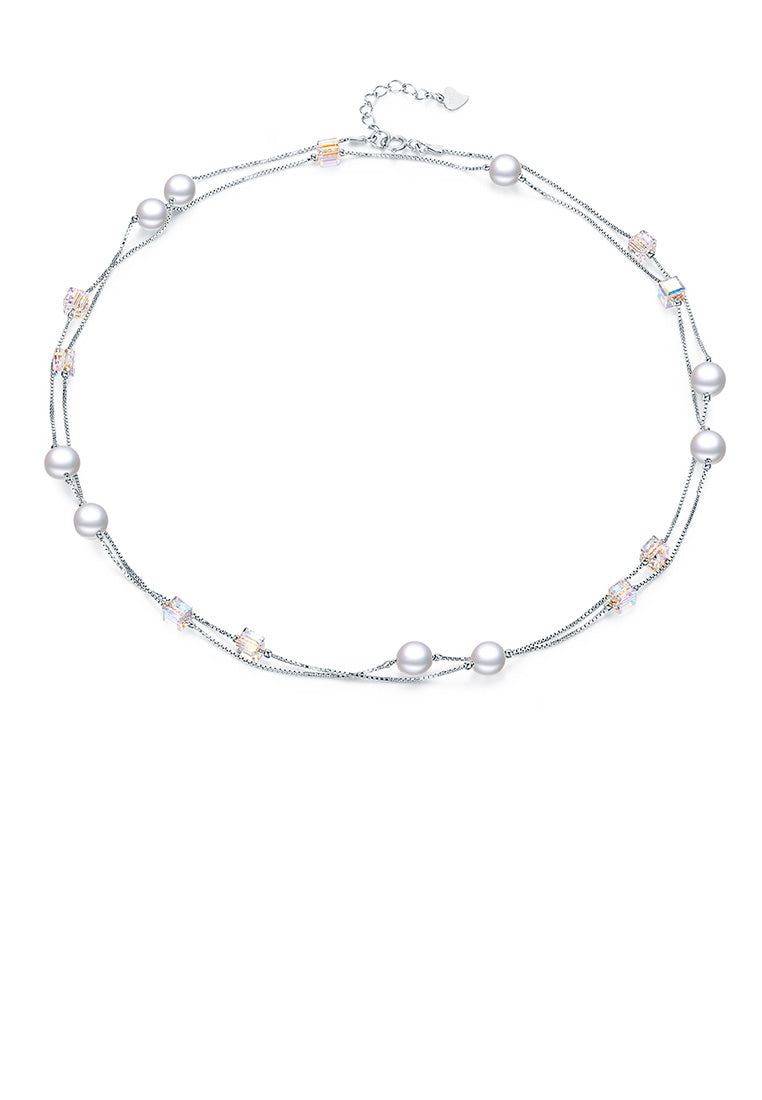 925 Sterling Silver Fashion Simple Pearl Geometric Square Austrian Element Crystal Long Necklace - Luxurious Look