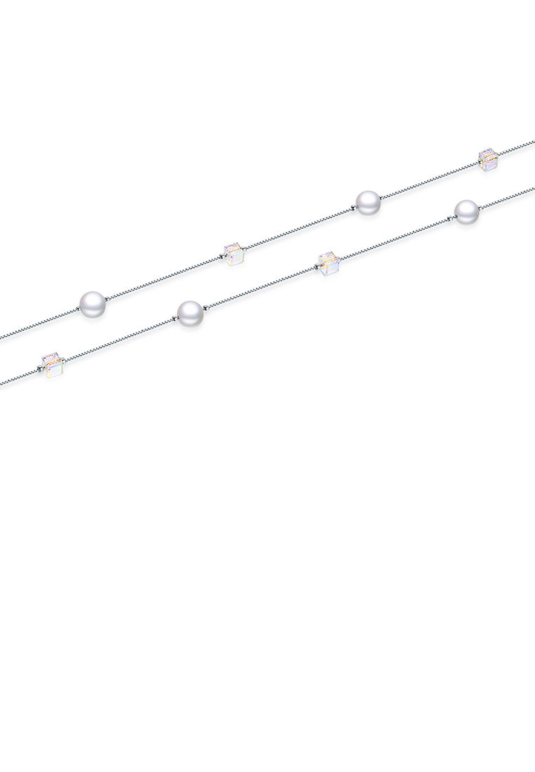 925 Sterling Silver Fashion Simple Pearl Geometric Square Austrian Element Crystal Long Necklace - Luxurious Look