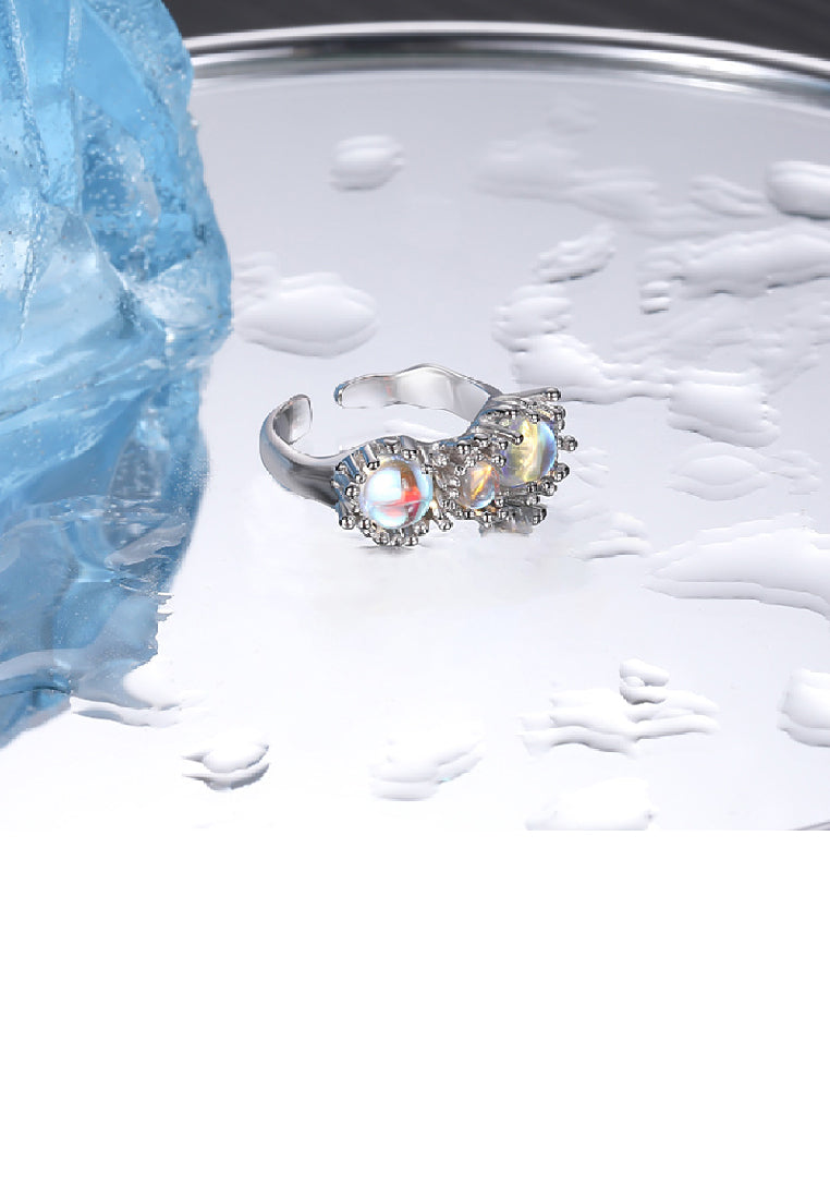 925 Sterling Silver Fashion Temperament Irregular Geometric Colorful Imitation Moonstone Adjustable Open Ring