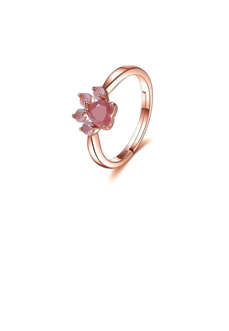 925 Sterling Silver Plated Rose Gold Simple Cute Dog Paw Adjustable Ring with Pink Cubic Zirconia - Luxurious Look - Vibrant Color