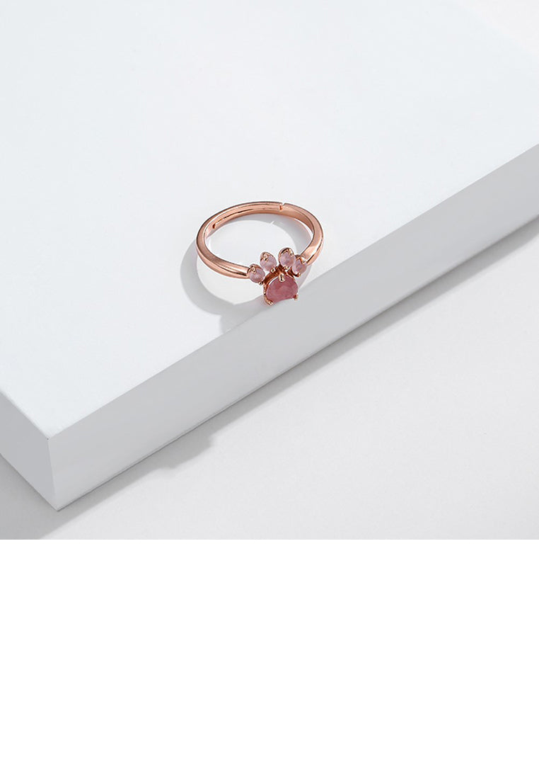 925 Sterling Silver Plated Rose Gold Simple Cute Dog Paw Adjustable Ring with Pink Cubic Zirconia - Luxurious Look - Vibrant Color