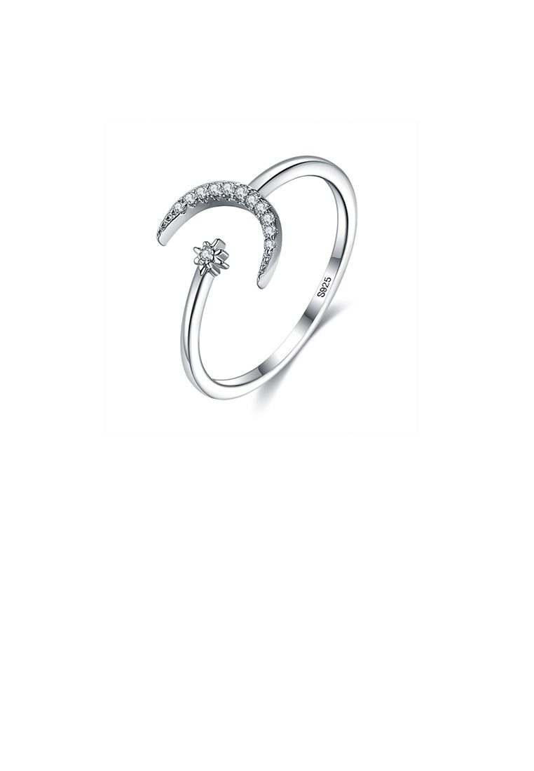 925 Sterling Silver Fashion Simple Moon Star Adjustable Open Ring with Cubic Zirconia - Luxurious Look