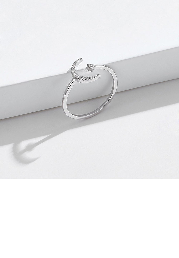 925 Sterling Silver Fashion Simple Moon Star Adjustable Open Ring with Cubic Zirconia - Luxurious Look