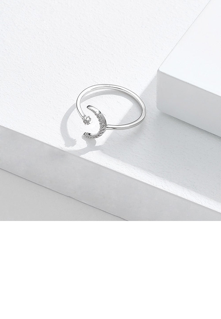 925 Sterling Silver Fashion Simple Moon Star Adjustable Open Ring with Cubic Zirconia - Luxurious Look