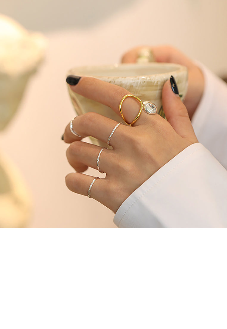 925 Sterling Silver Fashion Creative Two-color Water Drop Geometric Adjustable Open Ring