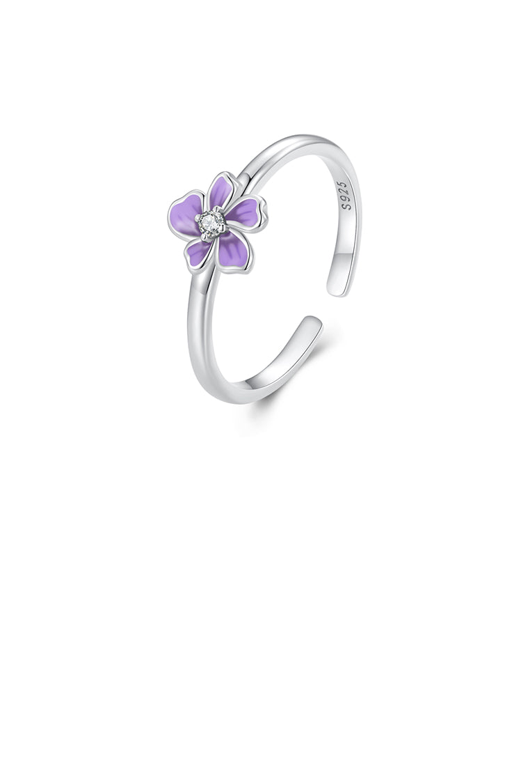 925 Sterling Silver Fashion Simple Enamel Flower Adjustable Open Ring with Cubic Zirconia - Luxurious Look