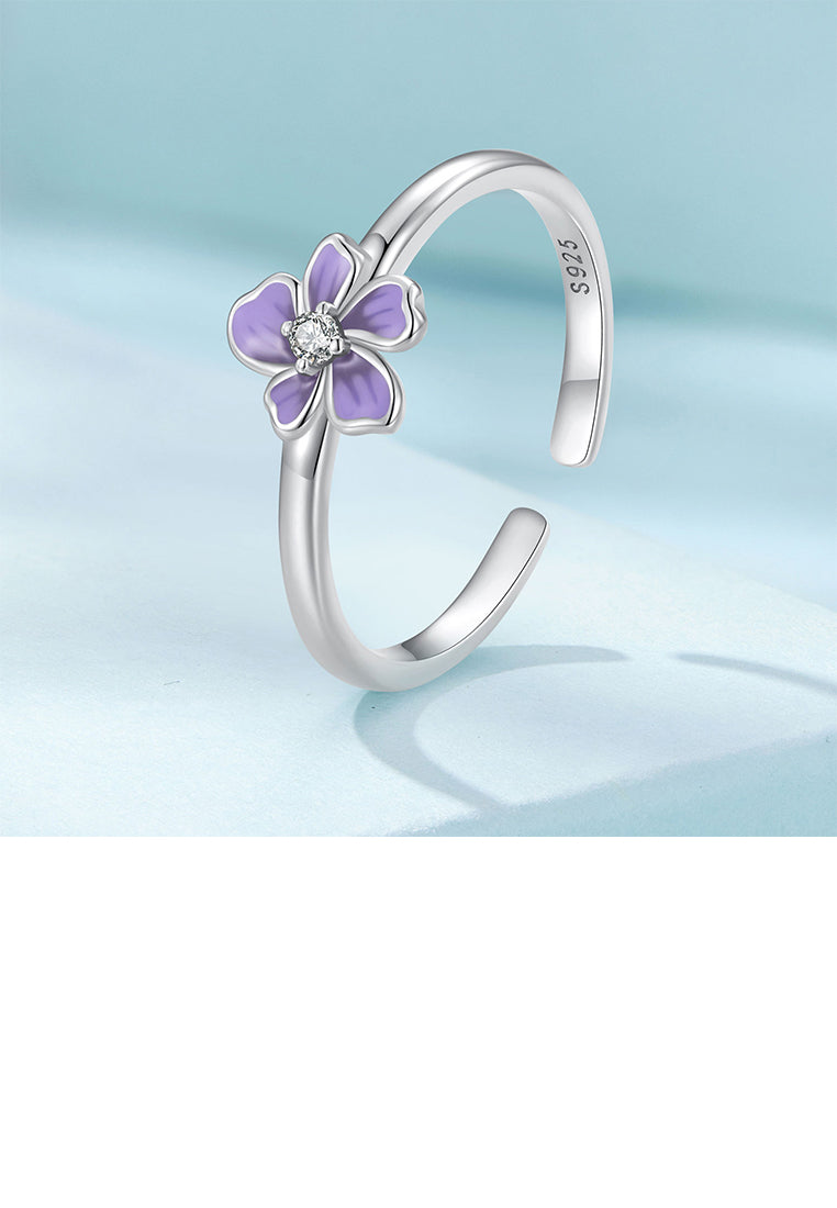 925 Sterling Silver Fashion Simple Enamel Flower Adjustable Open Ring with Cubic Zirconia - Luxurious Look