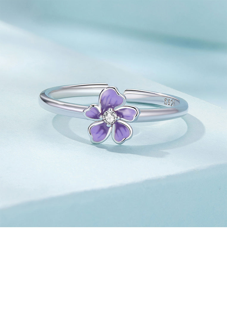 925 Sterling Silver Fashion Simple Enamel Flower Adjustable Open Ring with Cubic Zirconia - Luxurious Look