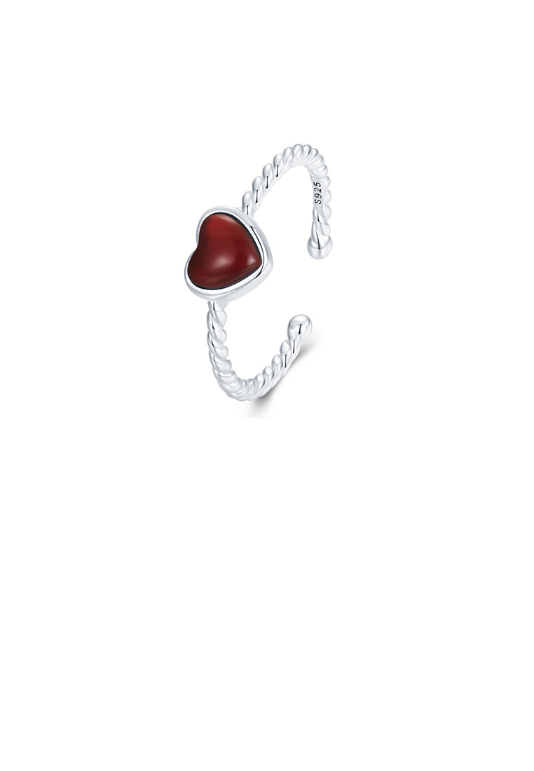 925 Sterling Silver Fashion and Simple Heart-shaped Red Imitation Agate Twist Adjustable Open Ring - Vibrant Color