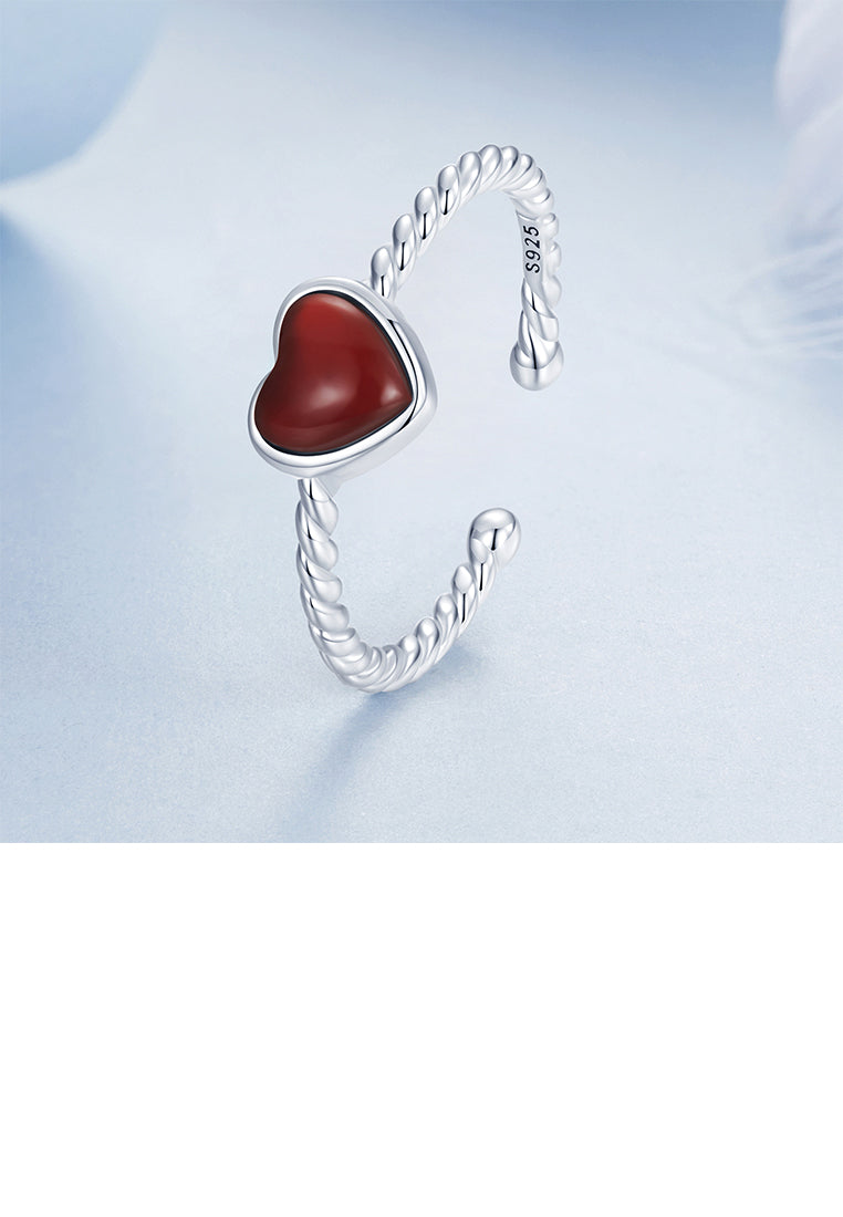 925 Sterling Silver Fashion and Simple Heart-shaped Red Imitation Agate Twist Adjustable Open Ring - Vibrant Color
