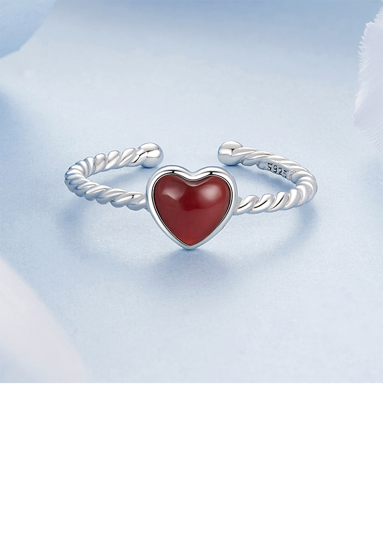 925 Sterling Silver Fashion and Simple Heart-shaped Red Imitation Agate Twist Adjustable Open Ring - Vibrant Color