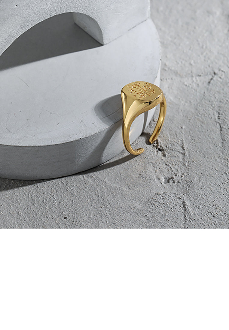 925 Sterling Silver Plated Gold Fashion and Elegant Flower Pattern Geometric Oval Adjustable Open Ring