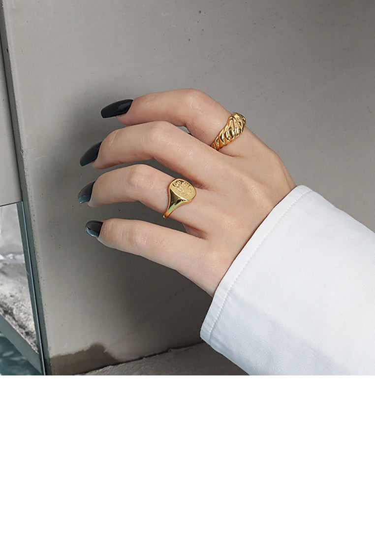 925 Sterling Silver Plated Gold Fashion and Elegant Flower Pattern Geometric Oval Adjustable Open Ring