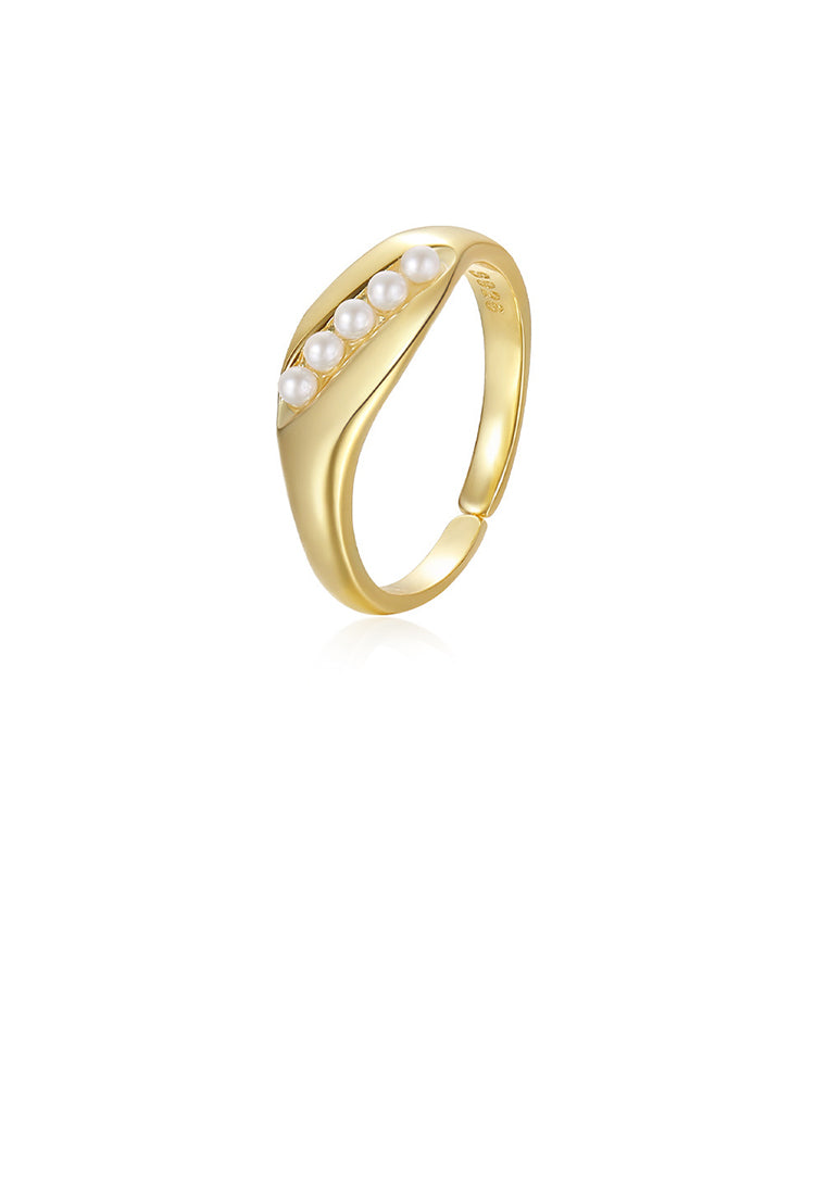 925 Sterling Silver Plated Gold Fashion Elegant Pod Imitation Pearl Adjustable Open Ring - Luxurious Look