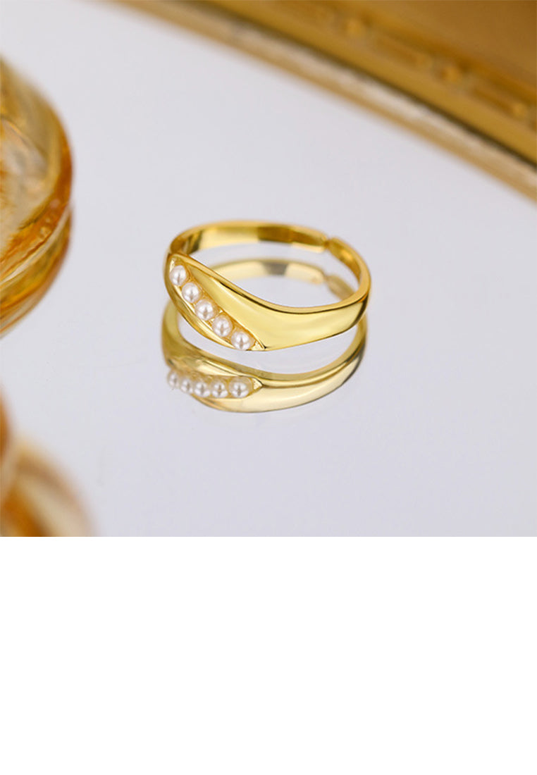 925 Sterling Silver Plated Gold Fashion Elegant Pod Imitation Pearl Adjustable Open Ring - Luxurious Look