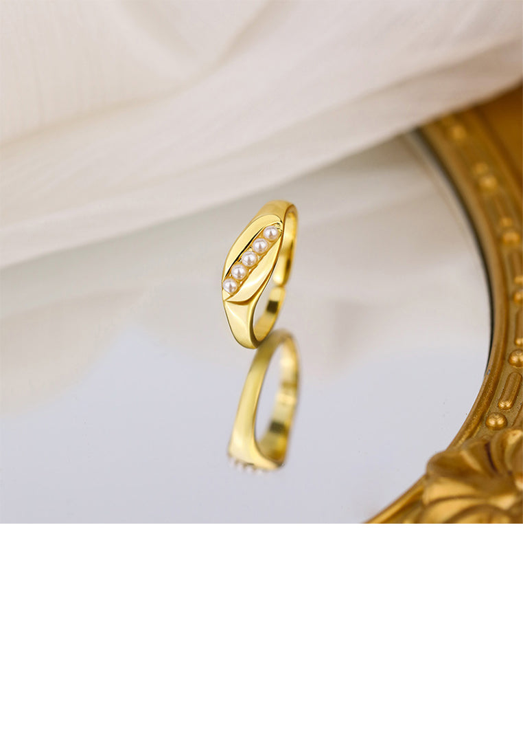 925 Sterling Silver Plated Gold Fashion Elegant Pod Imitation Pearl Adjustable Open Ring - Luxurious Look