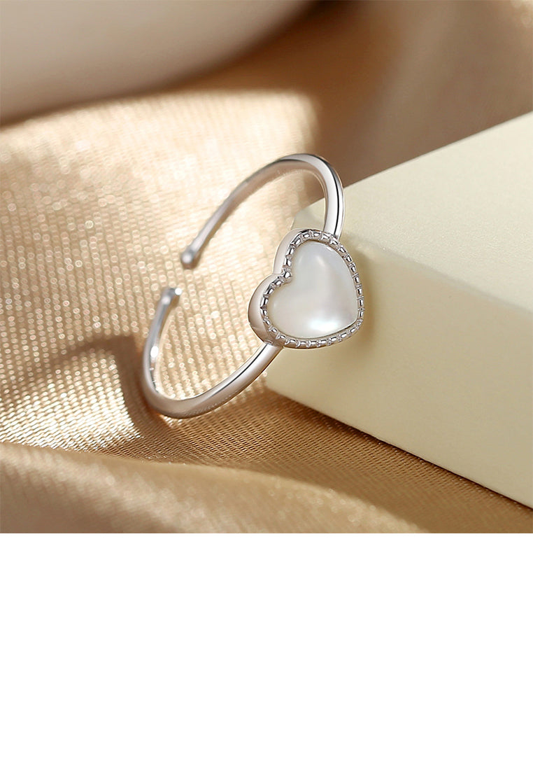 925 Sterling Silver Simple Romantic Heart-shaped Imitation Pearl Adjustable Open Ring - Luxurious Look