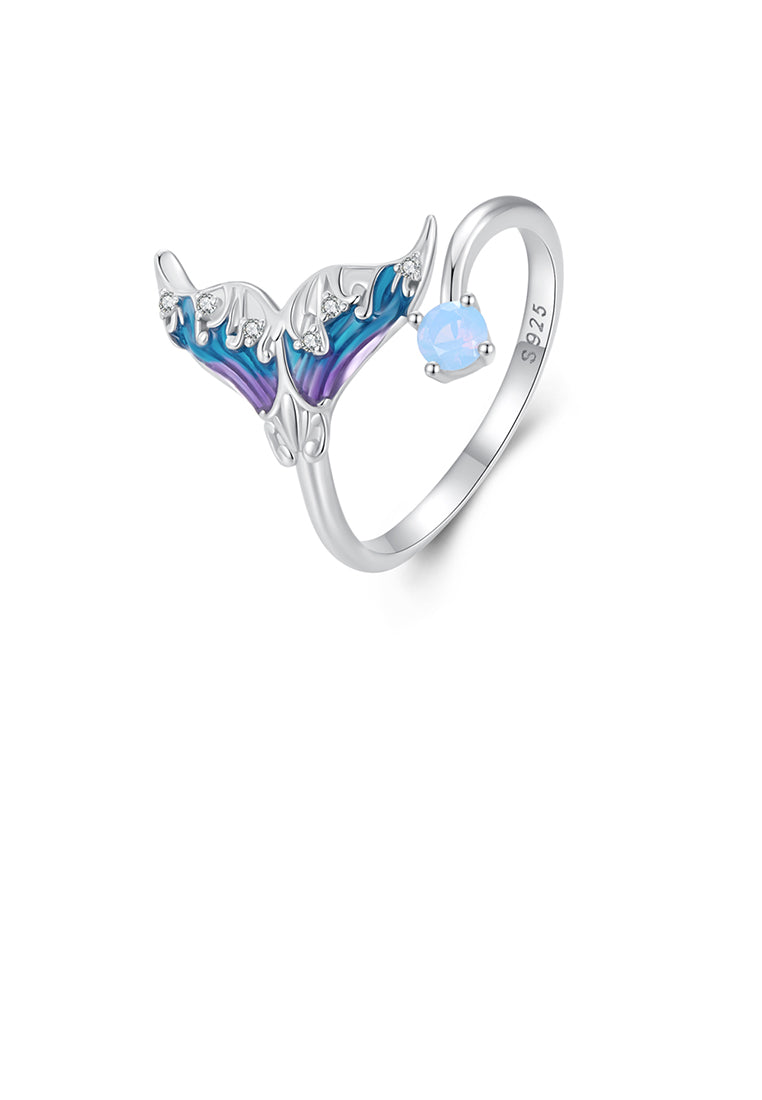 925 Sterling Silver Fashion Simple Enamel Mermaid Tail Adjustable Open Ring with Cubic Zirconia - Luxurious Look