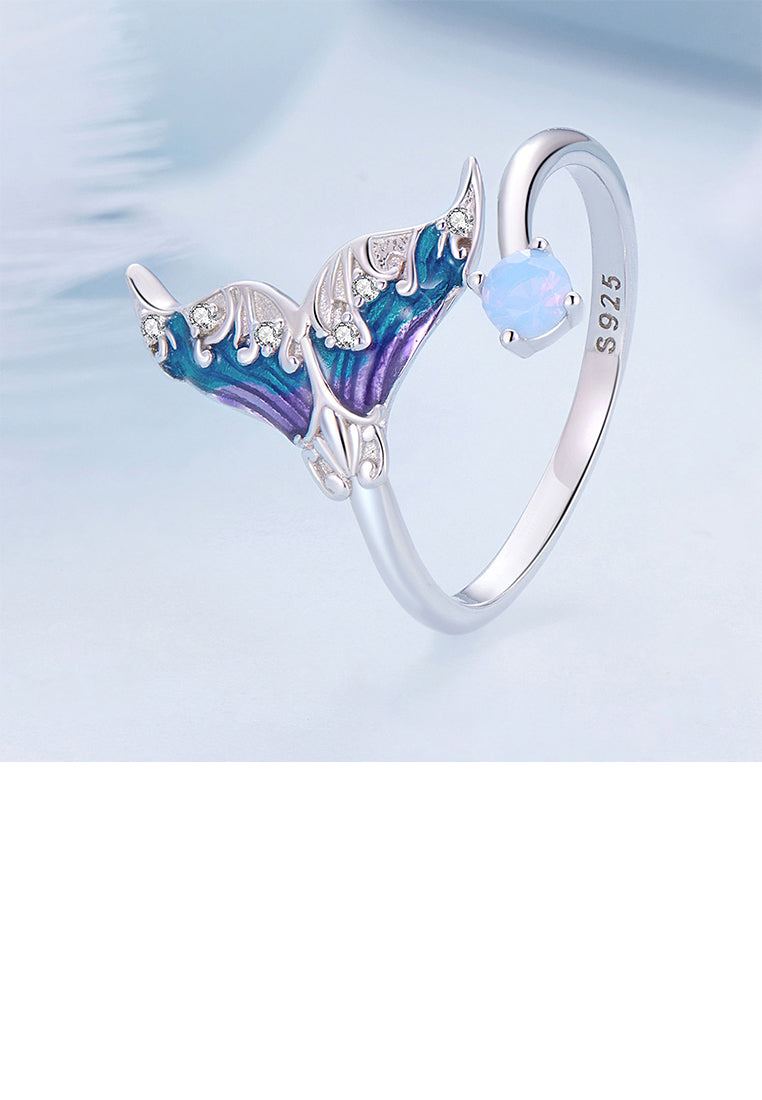 925 Sterling Silver Fashion Simple Enamel Mermaid Tail Adjustable Open Ring with Cubic Zirconia - Luxurious Look