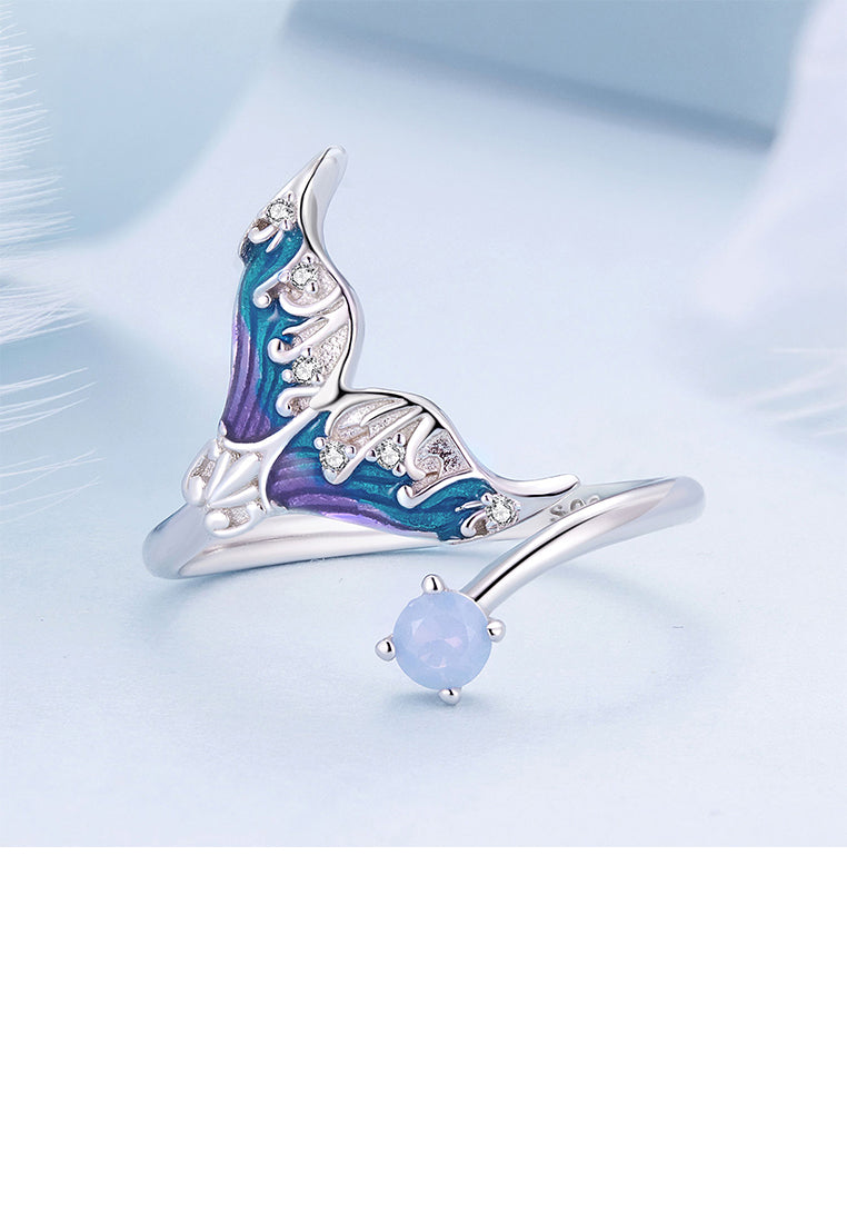 925 Sterling Silver Fashion Simple Enamel Mermaid Tail Adjustable Open Ring with Cubic Zirconia - Luxurious Look