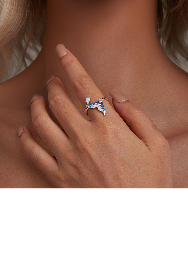 925 Sterling Silver Fashion Simple Enamel Mermaid Tail Adjustable Open Ring with Cubic Zirconia - Luxurious Look
