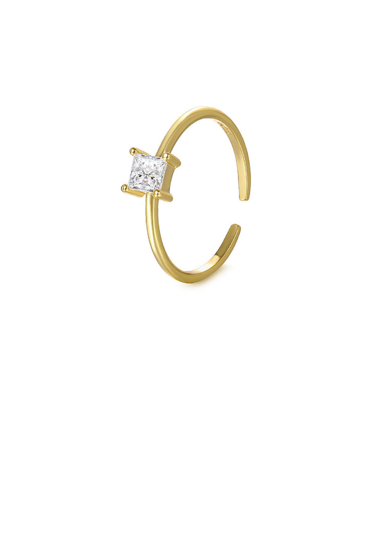 925 Sterling Silver Plated Gold Simple and Fashion Geometric Square Cubic Zirconia Adjustable Open Ring - Luxurious Look