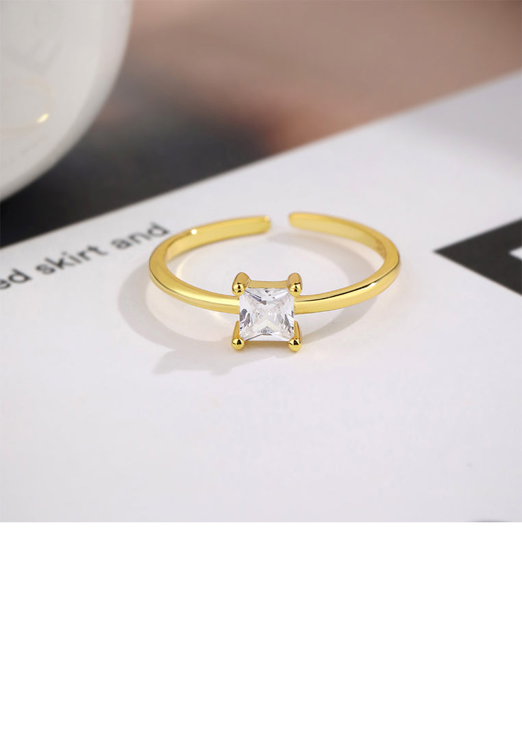 925 Sterling Silver Plated Gold Simple and Fashion Geometric Square Cubic Zirconia Adjustable Open Ring - Luxurious Look