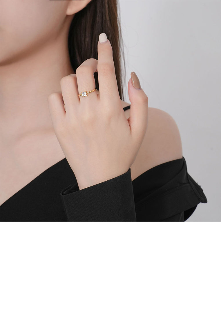 925 Sterling Silver Plated Gold Simple and Fashion Geometric Square Cubic Zirconia Adjustable Open Ring - Luxurious Look
