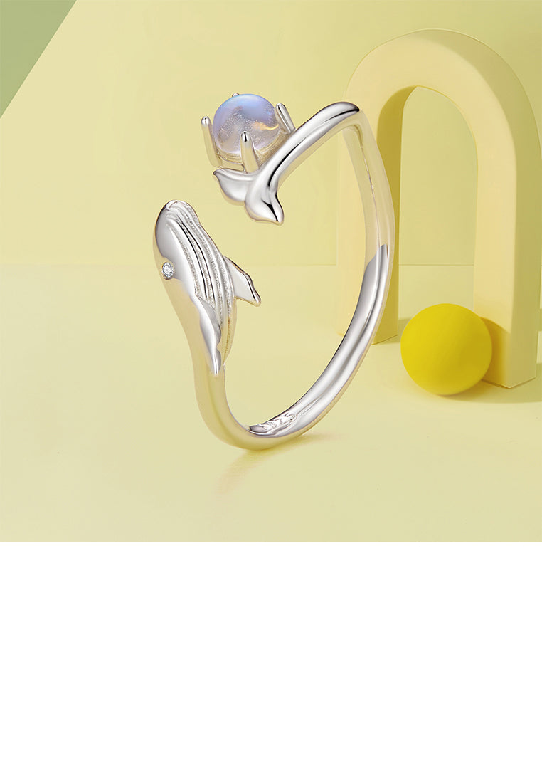 925 Sterling Silver Fashion Temperament Whale Moonstone Adjustable Open Ring