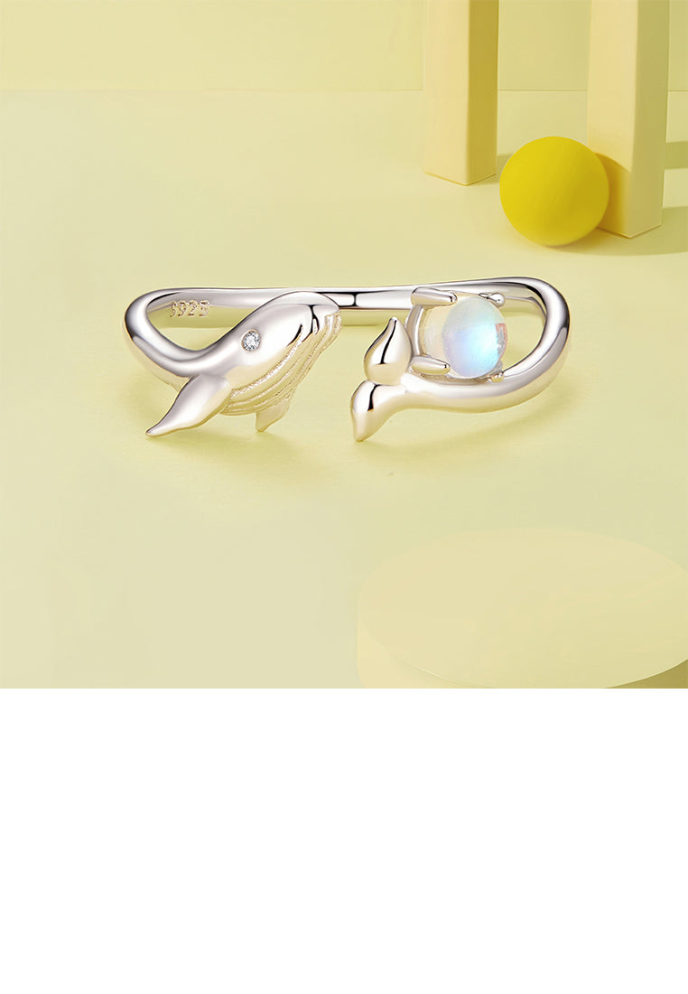 925 Sterling Silver Fashion Temperament Whale Moonstone Adjustable Open Ring