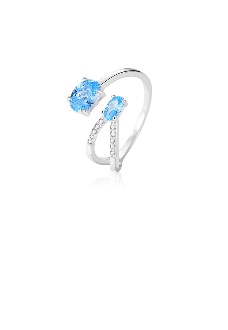 925 Sterling Silver Fashion Simple Geometric Adjustable Open Ring with Blue Cubic Zirconia - Luxurious Look