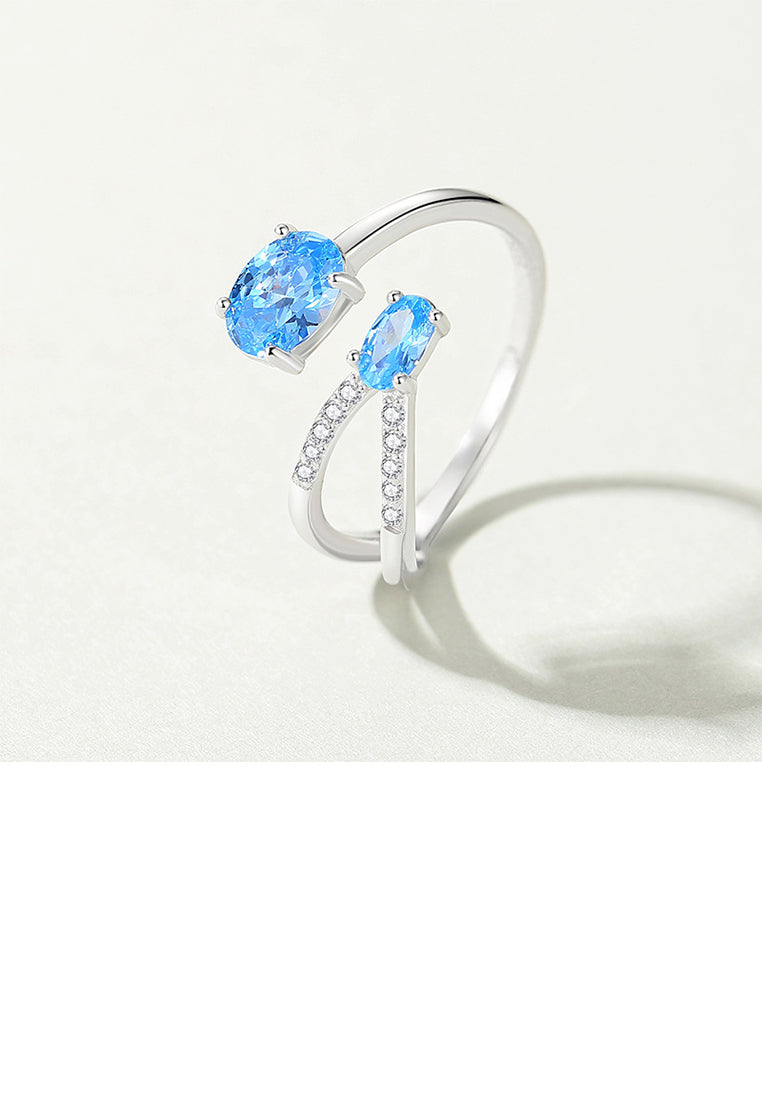 925 Sterling Silver Fashion Simple Geometric Adjustable Open Ring with Blue Cubic Zirconia - Luxurious Look