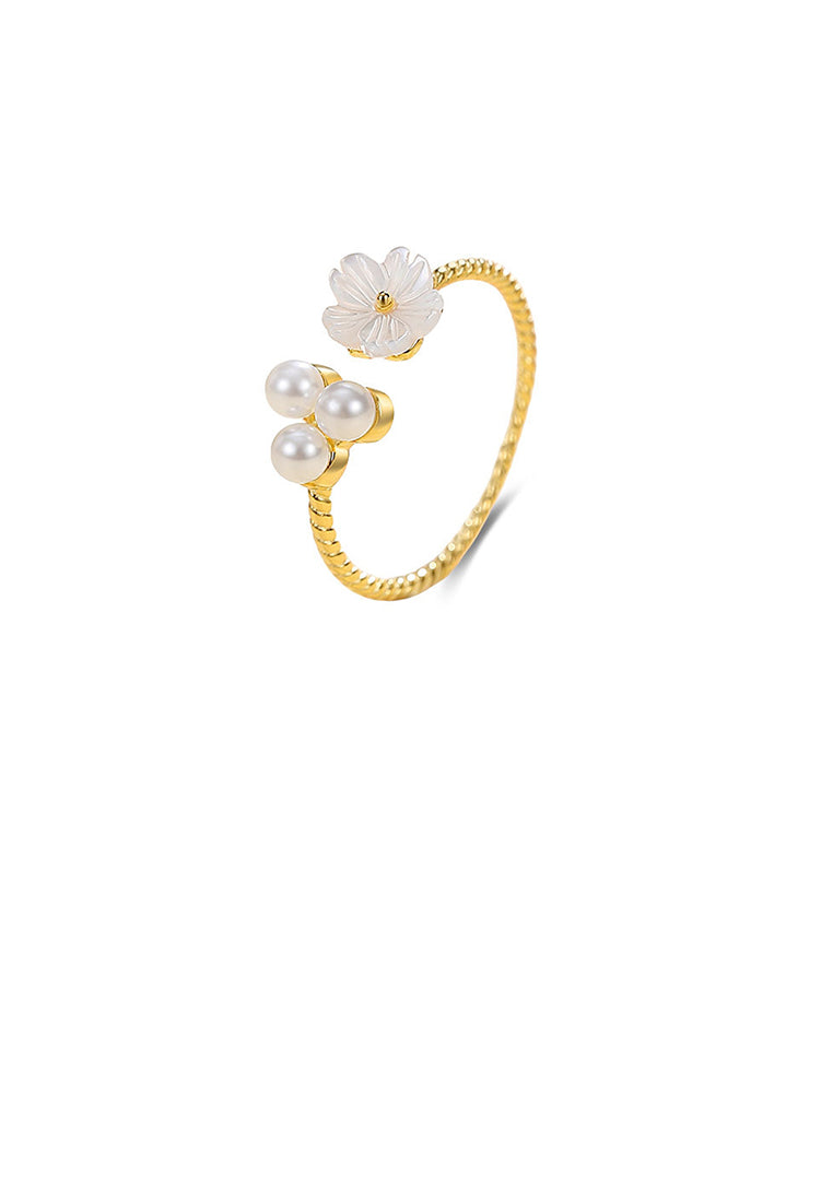 925 Sterling Silver Plated Gold Simple Elegant Flower Imitation Pearl Adjustable Open Ring - Luxurious Look