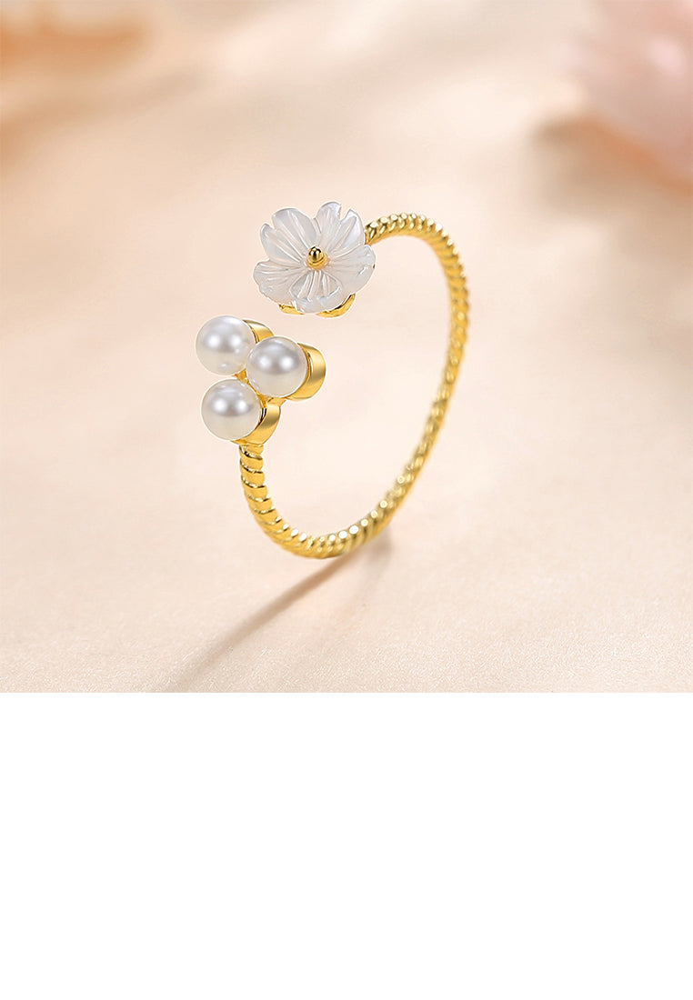 925 Sterling Silver Plated Gold Simple Elegant Flower Imitation Pearl Adjustable Open Ring - Luxurious Look