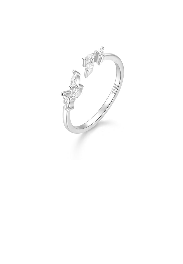 925 Sterling Silver Simple Fashion Leaf Adjustable Open Ring with Cubic Zirconia - Luxurious Look