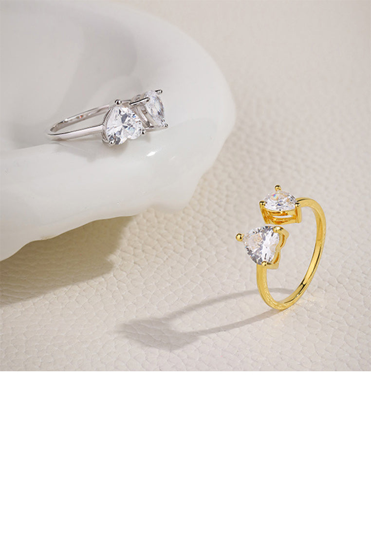 925 Sterling Silver Plated Gold Fashion Simple Heart Shape Geometric Adjustable Open Ring with Cubic Zirconia - Luxurious Look